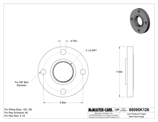 Technical drawing of Low-Pressure Forged Steel Pipe Flange, 2-1/2 NPT.